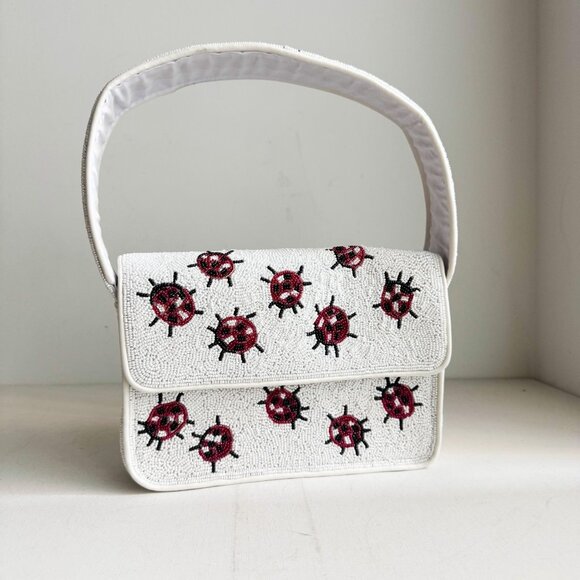 Beaded Lady Bug Lucky White Red Large Baguette Bag - Picture 3 of 14